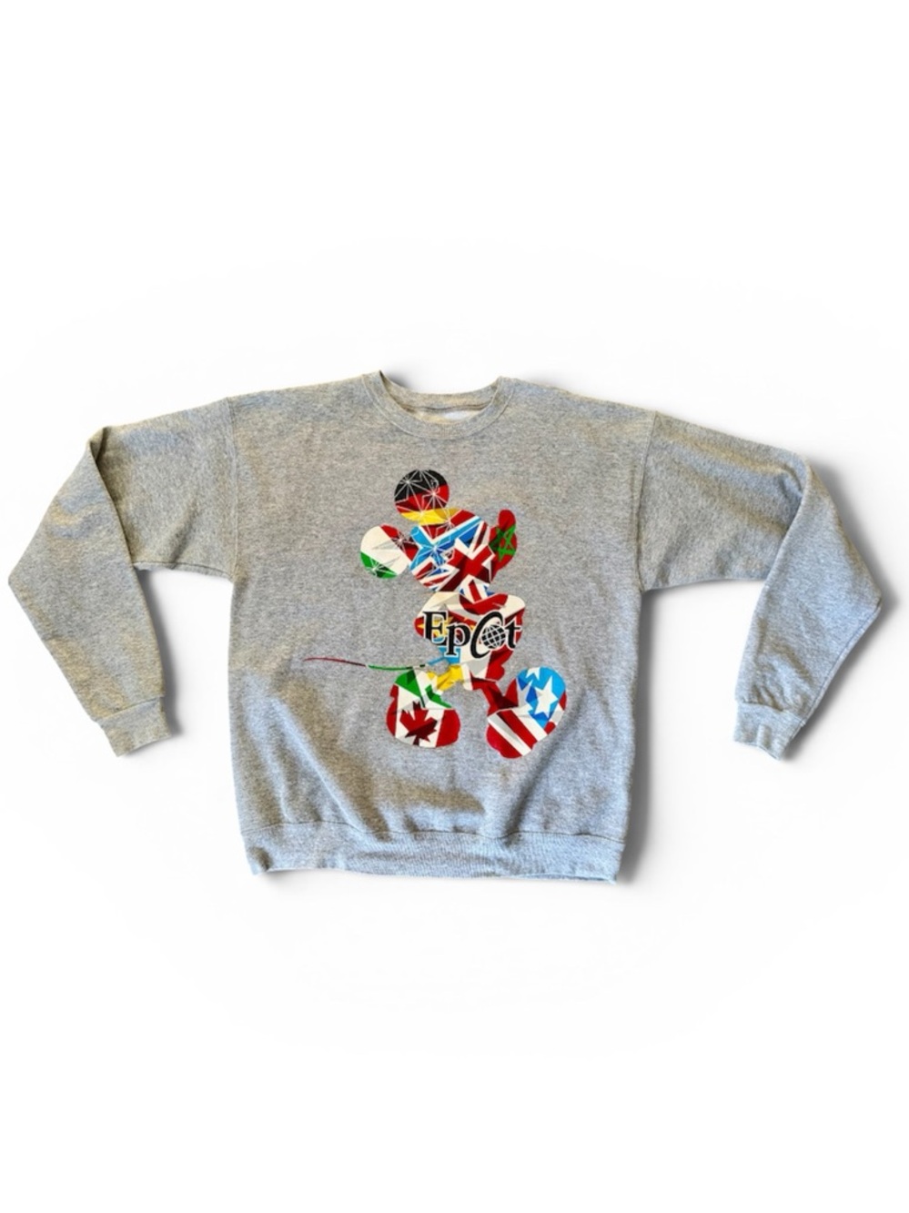 Vintage Authentic Disney Y2K Epcot Flags Mickey Crewneck Sweatshirt Gray Medium
